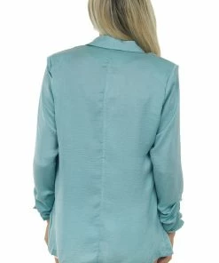 Kori America Teal Shoulder Pad Silky Crinkle Woven Blazer