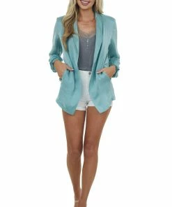 Kori America Teal Shoulder Pad Silky Crinkle Woven Blazer