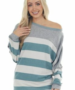 BiBi Teal Striped Dolman Sleeve Contrast Knit Top
