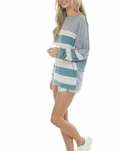 BiBi Teal Striped Dolman Sleeve Contrast Knit Top