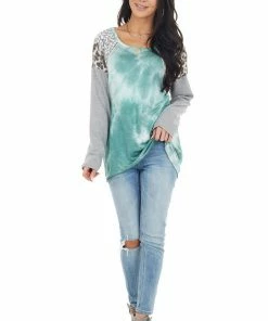 BiBi Tops Teal Tie Dye Top With Leopard And Cheetah Print Contrast