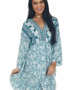 Jodifl Dresses Teal Tropical 3/4 Sleeve Back Tie Dress