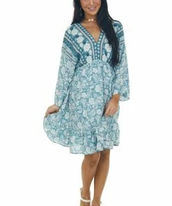 Jodifl Dresses Teal Tropical 3/4 Sleeve Back Tie Dress