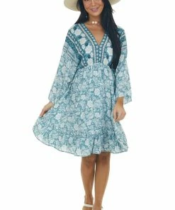 Jodifl Dresses Teal Tropical 3/4 Sleeve Back Tie Dress