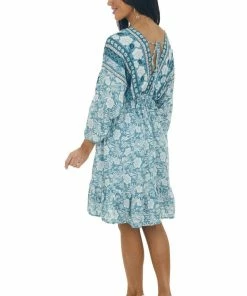 Jodifl Dresses Teal Tropical 3/4 Sleeve Back Tie Dress