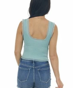 DYNAMIC Teal U Neck Lace Trim Ribbed Knit Crop Tank Tops