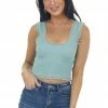 DYNAMIC Teal U Neck Lace Trim Ribbed Knit Crop Tank Tops