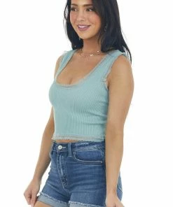 DYNAMIC Teal U Neck Lace Trim Ribbed Knit Crop Tank Tops