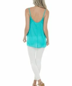 Hailey & Co Tops Teal V Neck Sleeveless Tank Top With Lace Details