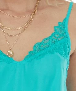 Hailey & Co Tops Teal V Neck Sleeveless Tank Top With Lace Details