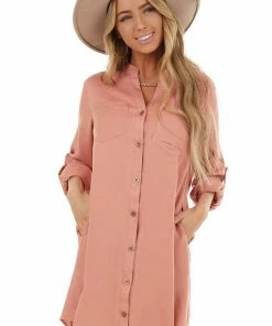 Listicle Terracotta Button Down Collared Short Dress With Pockets Dresses