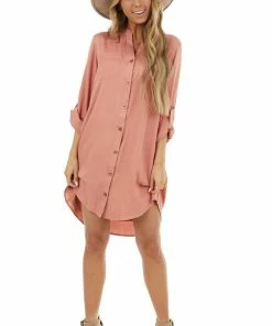 Listicle Terracotta Button Down Collared Short Dress With Pockets Dresses 21 Listicle Terracotta Button Down Collared Short Dress With Pockets Dresses