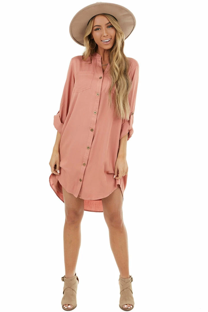 Listicle Terracotta Button Down Collared Short Dress With Pockets Dresses 6 Listicle Terracotta Button Down Collared Short Dress With Pockets Dresses