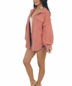 Cezele Terracotta Button Up Oversized Shirt Jacket Tops 23 Cezele Terracotta Button Up Oversized Shirt Jacket Tops