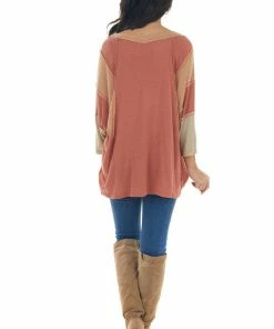 Easel Tops Terracotta Colorblock Boat Neck Outseam Top