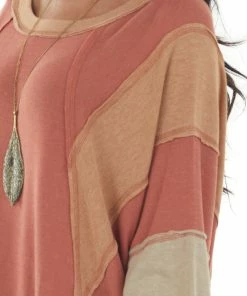 Easel Tops Terracotta Colorblock Boat Neck Outseam Top