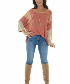 Easel Tops Terracotta Colorblock Boat Neck Outseam Top
