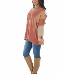 Easel Tops Terracotta Colorblock Boat Neck Outseam Top