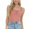 La Miel Terracotta Exposed Seam Ribbed Henley Tank Top Tops