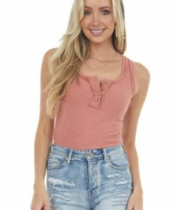 La Miel Terracotta Exposed Seam Ribbed Henley Tank Top Tops