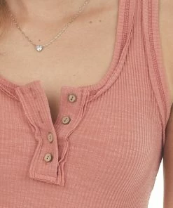 La Miel Terracotta Exposed Seam Ribbed Henley Tank Top Tops 13 La Miel Terracotta Exposed Seam Ribbed Henley Tank Top Tops