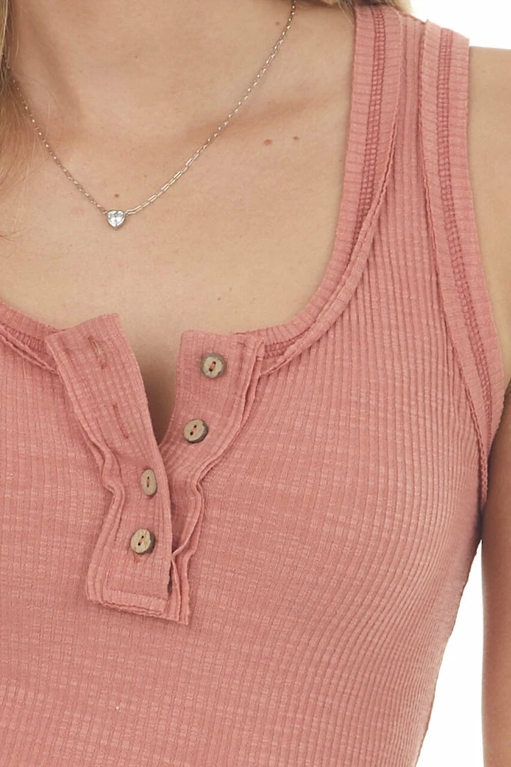 La Miel Terracotta Exposed Seam Ribbed Henley Tank Top Tops 8 La Miel Terracotta Exposed Seam Ribbed Henley Tank Top Tops