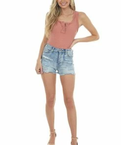 La Miel Terracotta Exposed Seam Ribbed Henley Tank Top Tops 9 La Miel Terracotta Exposed Seam Ribbed Henley Tank Top Tops