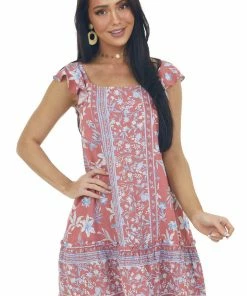 Jodifl Salmon Floral Cap Sleeve Short Dress Dresses