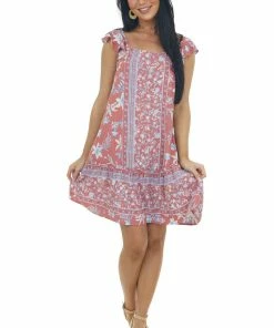 Jodifl Salmon Floral Cap Sleeve Short Dress Dresses