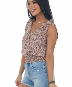 Aemi + Co Terracotta Floral Surplice Tie Strap Tank Top Tops