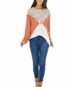 First Love Terracotta Leopard Colorblock Long Dolman Sleeve Knit Top