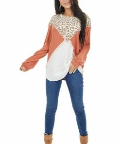 First Love Terracotta Leopard Colorblock Long Dolman Sleeve Knit Top