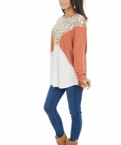 First Love Terracotta Leopard Colorblock Long Dolman Sleeve Knit Top