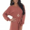 She + Sky Terracotta Long Dolman Sleeve Boat Neck Dress
