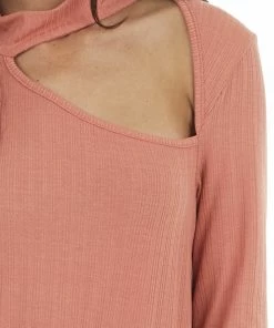 Fantastic Fawn Terracotta Long Sleeve Stretchy Knit Top With Cut Out Detail Tops