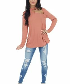 Fantastic Fawn Terracotta Long Sleeve Stretchy Knit Top With Cut Out Detail Tops