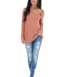 Fantastic Fawn Terracotta Long Sleeve Stretchy Knit Top With Cut Out Detail Tops
