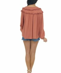 Ces Femme Terracotta Notch Neck Tie Tiered Frill Blouse