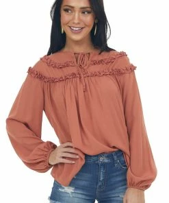 Ces Femme Terracotta Notch Neck Tie Tiered Frill Blouse