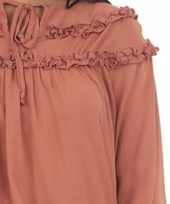 Ces Femme Terracotta Notch Neck Tie Tiered Frill Blouse