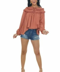 Ces Femme Terracotta Notch Neck Tie Tiered Frill Blouse