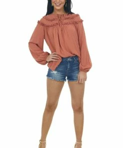 Ces Femme Terracotta Notch Neck Tie Tiered Frill Blouse