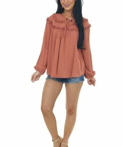 Ces Femme Terracotta Notch Neck Tie Tiered Frill Blouse