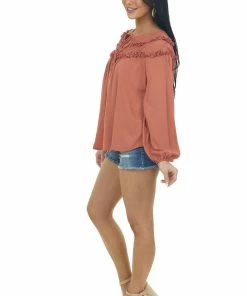 Ces Femme Terracotta Notch Neck Tie Tiered Frill Blouse