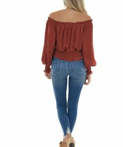 She + Sky Tops Terracotta Off Shoulder Long Sleeve Blouse