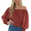 She + Sky Tops Terracotta Off Shoulder Long Sleeve Blouse 1 She + Sky Tops Terracotta Off Shoulder Long Sleeve Blouse