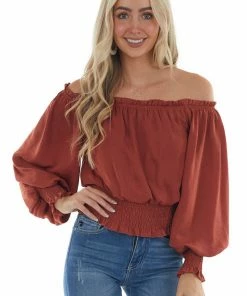 She + Sky Tops Terracotta Off Shoulder Long Sleeve Blouse