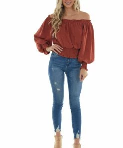 She + Sky Tops Terracotta Off Shoulder Long Sleeve Blouse