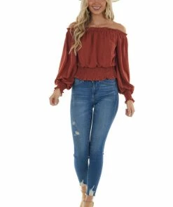She + Sky Tops Terracotta Off Shoulder Long Sleeve Blouse