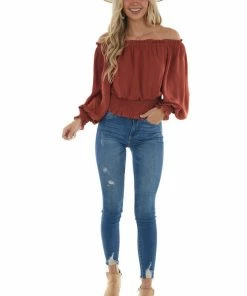 She + Sky Tops Terracotta Off Shoulder Long Sleeve Blouse
